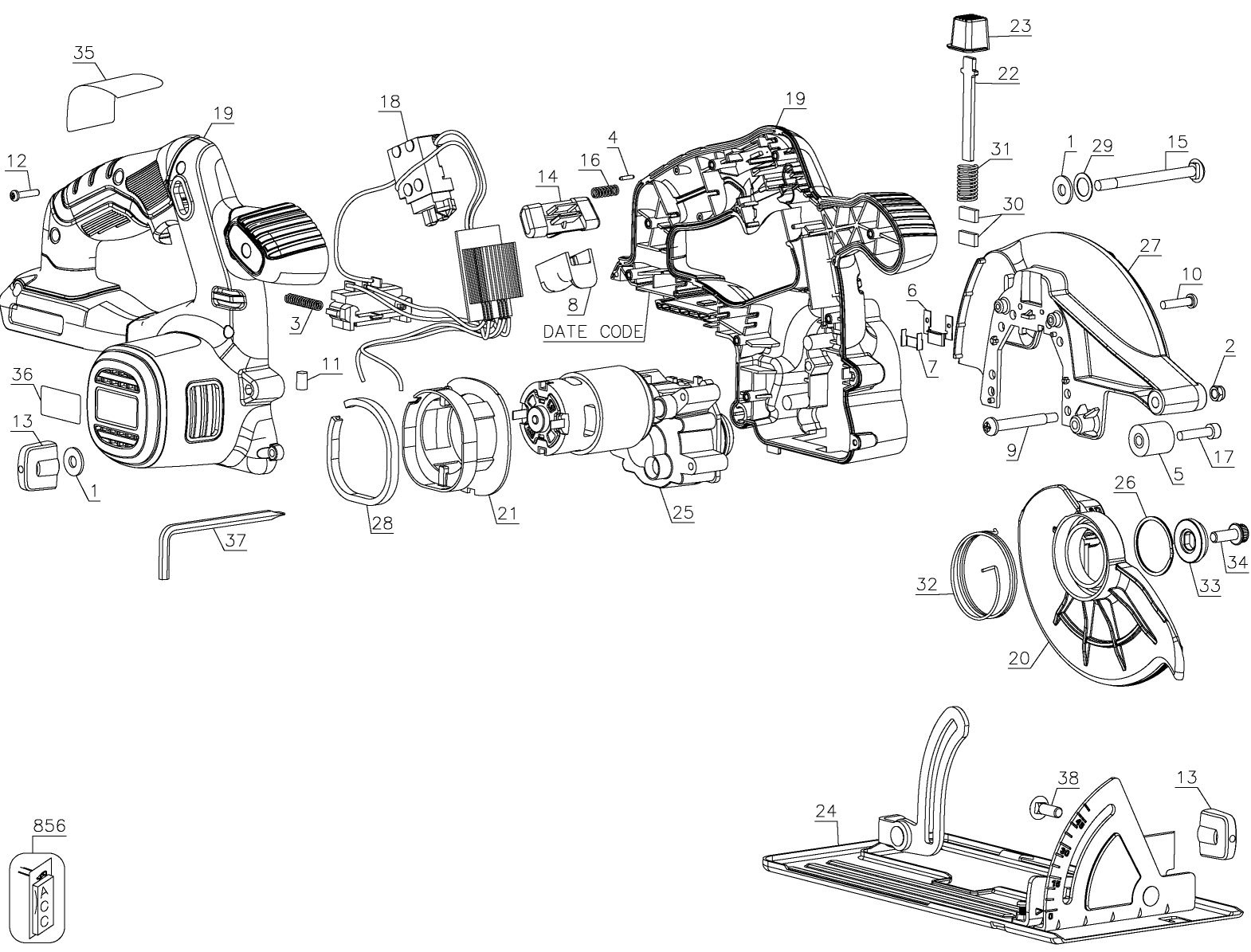 Default Diagram and Parts List for PCC661 Type 1 Porter Cable Circular Saw